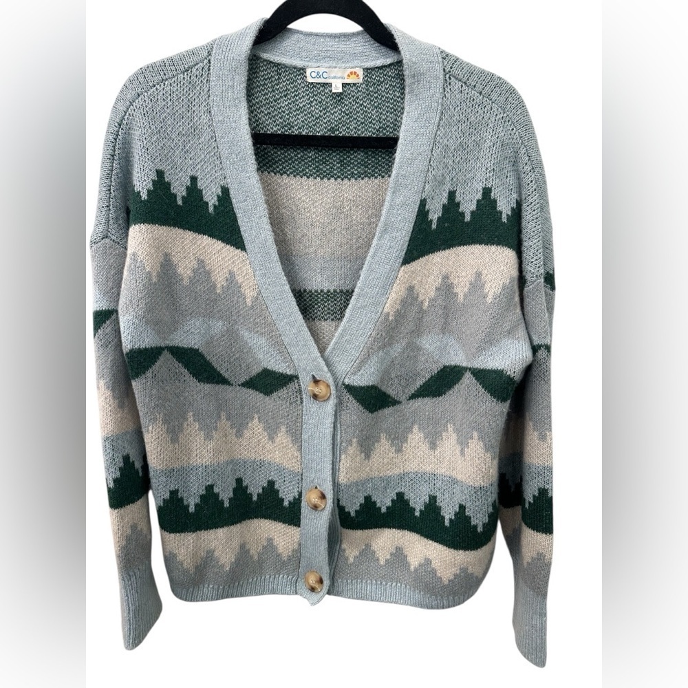 C&C California Katie Jacquard Mountain Aztec V-Neck Cardigan Sweater L